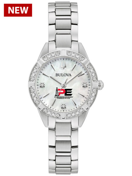 silver tone bulova custom logo watch with diamond accents
