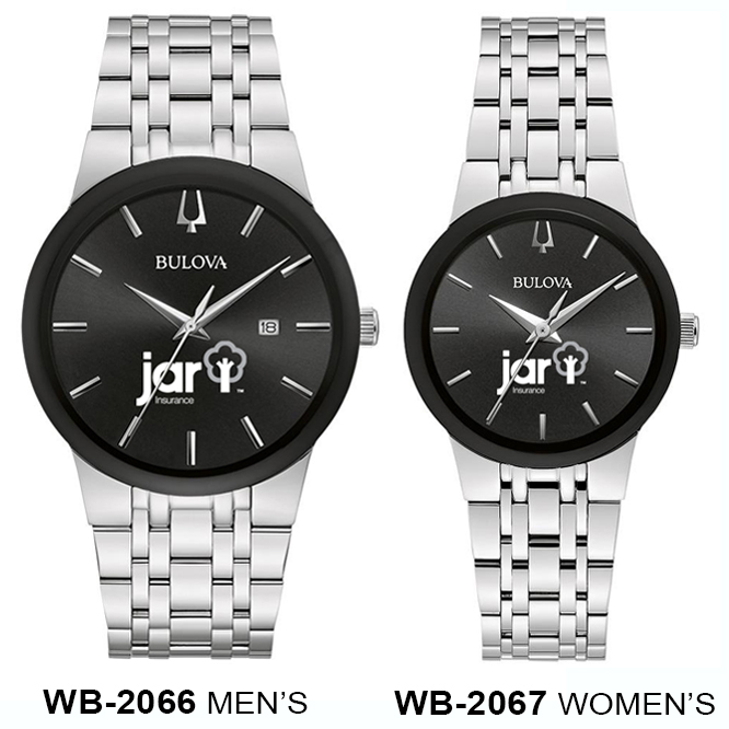 mens and womens bulova custom logo watch with silver tone bracelet and black casing/dial