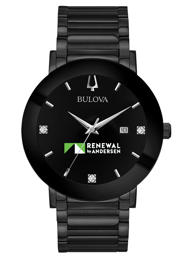Bulova custom logo watch with black plated case, bezel and dial.