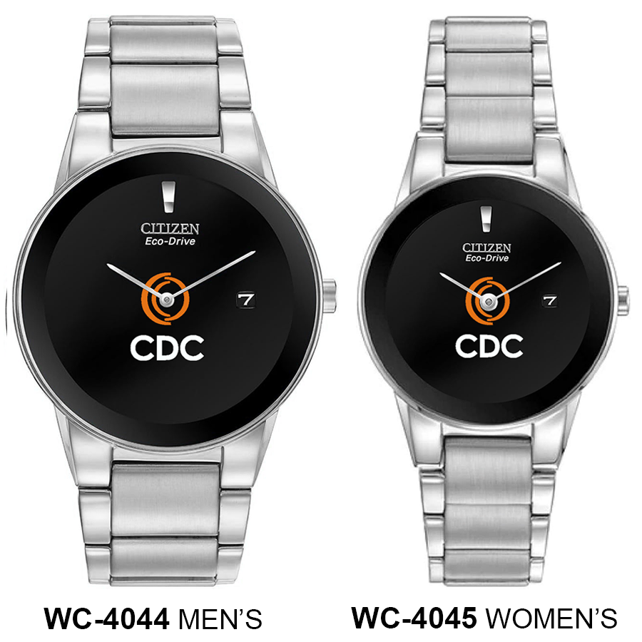 mens and women's silver-tone Citizen custom logo watches with black face
